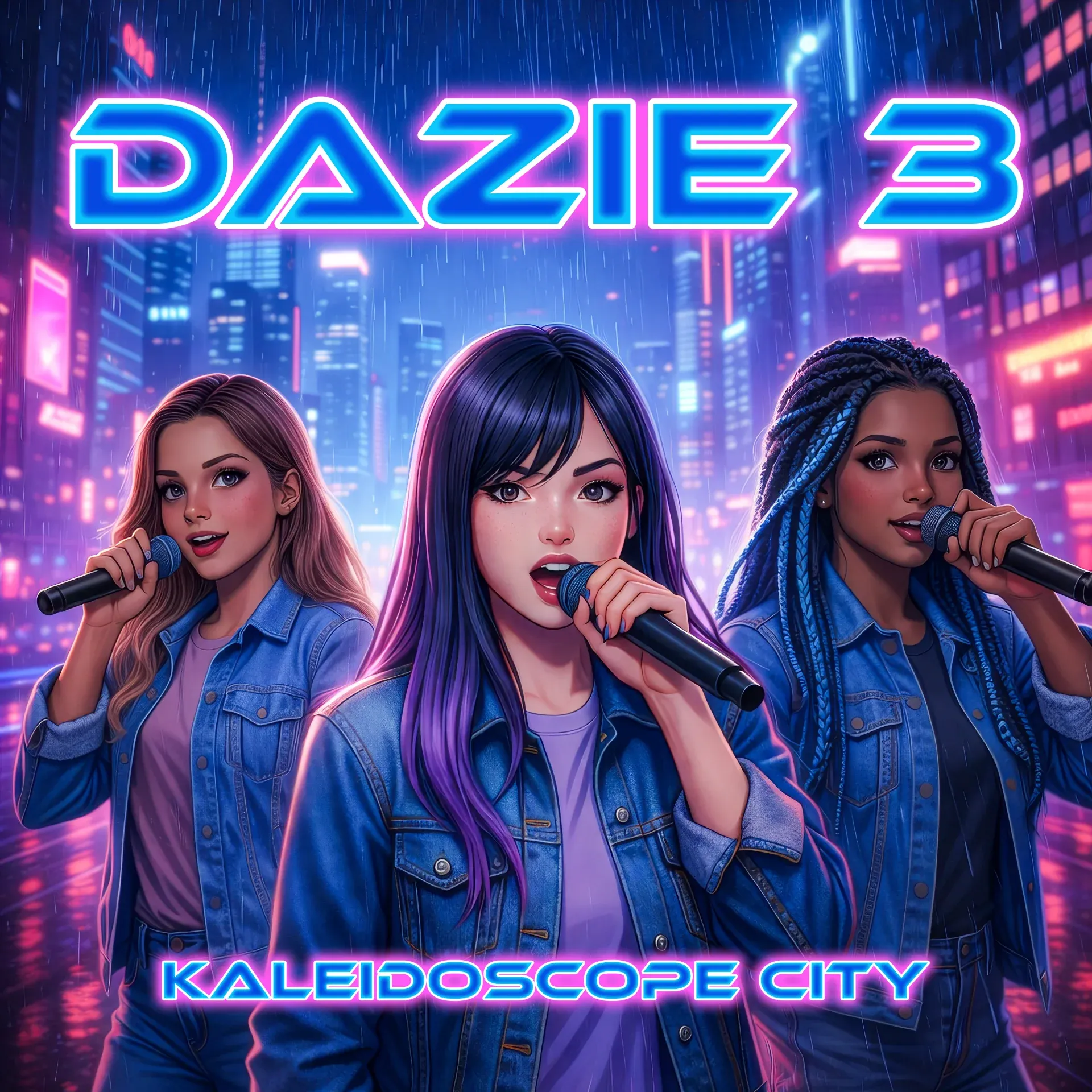 Dazie 3 debut album cover - three women in neon city